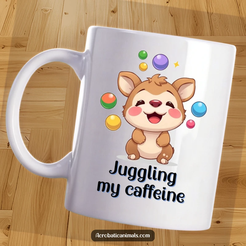 Funny mug showing a focused, playful animal expertly juggling colorful balls on its nose, demonstrating incredible balance and comedic talent.