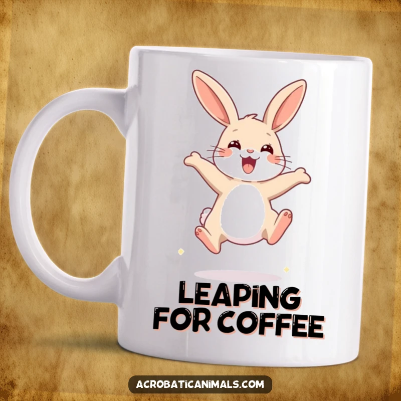 Funny Rabbit Jump Mug depicting a happy rabbit executing an impressive high jump with athletic grace and enthusiasm.
