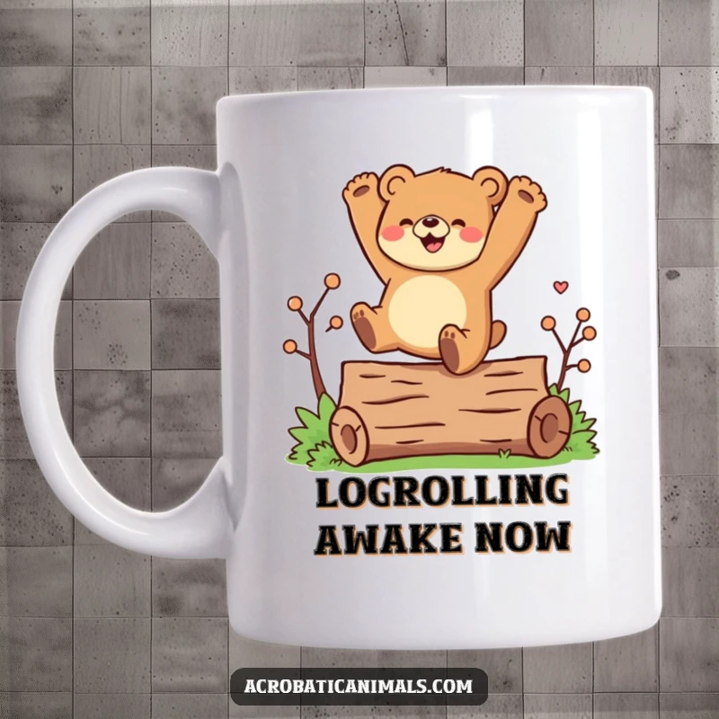Funny mug depicting a joyful bear character mid-cartwheel over a log, radiating happiness and energetic movement.