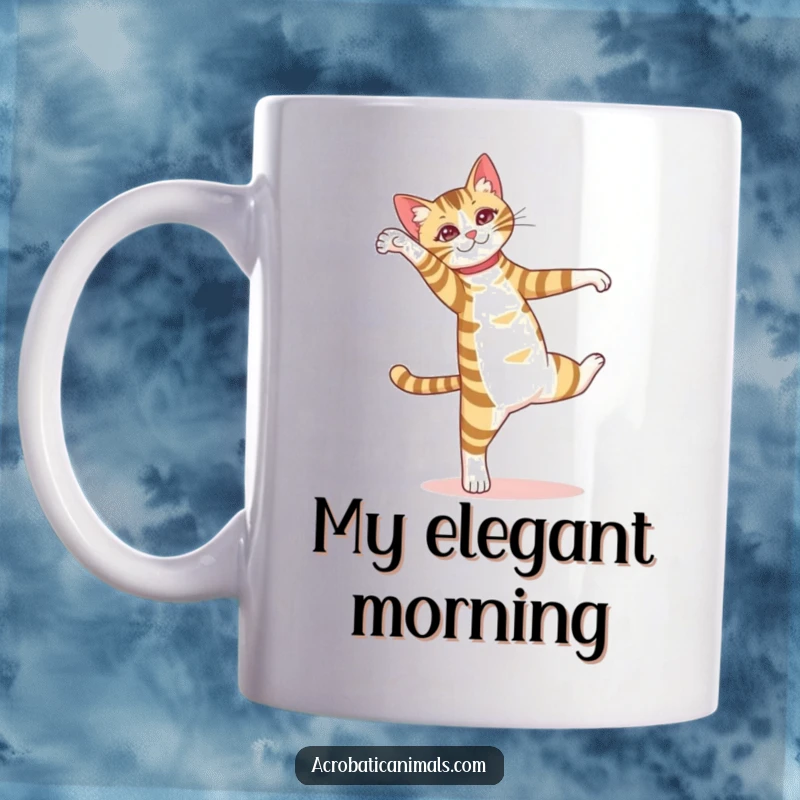 Funny mug featuring a striped cat performing an elegant pirouette with focus and poise, showcasing feline grace.