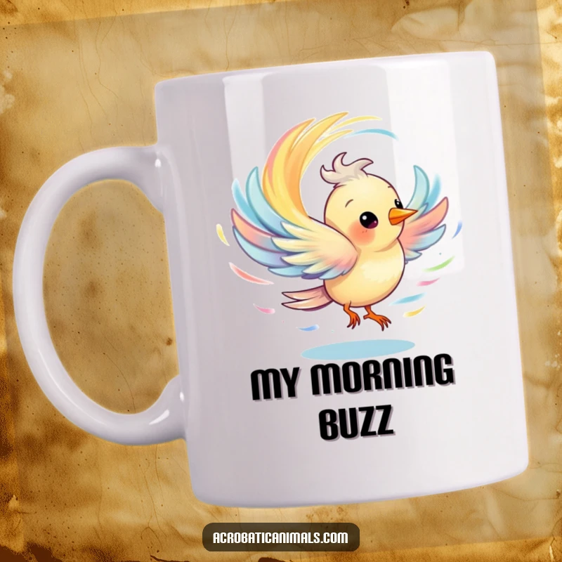 Funny spinning bird mug creating a colorful whirlwind, capturing motion and joy in a cheerful design.