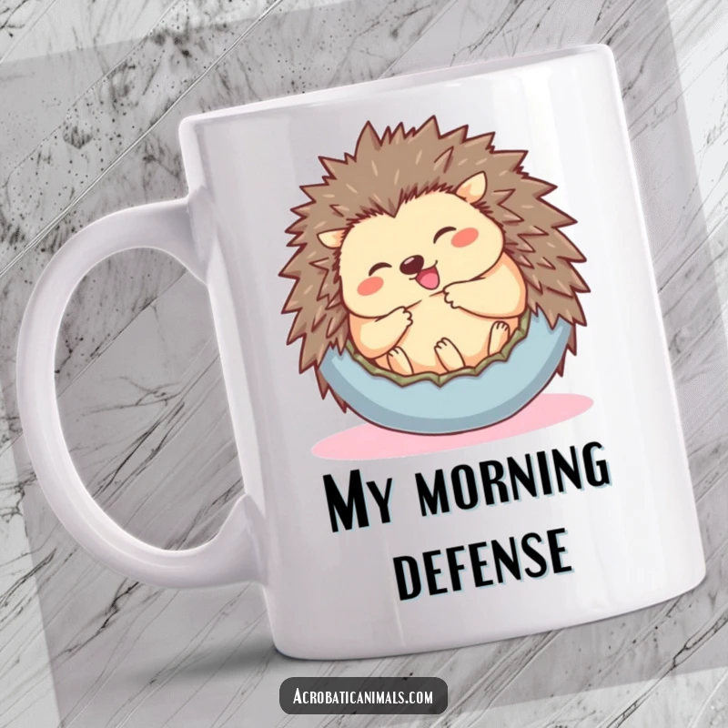 Funny mug featuring a giggling hedgehog rolling into a protective ball, embodying playful shyness and cuteness.