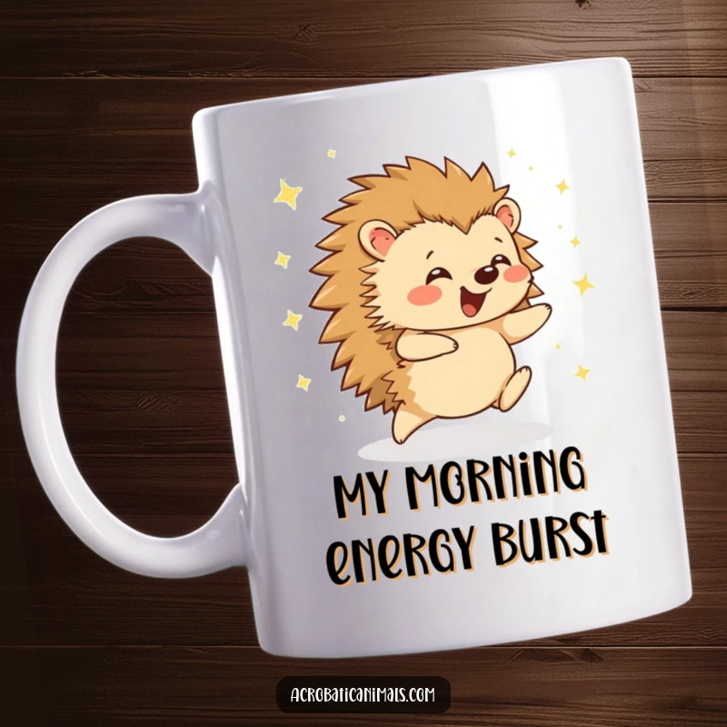 Funny hedgehog cartwheel mug with sparkly trails, radiating pure joy and energetic movement. A delightful gift for cartoon animal lovers.