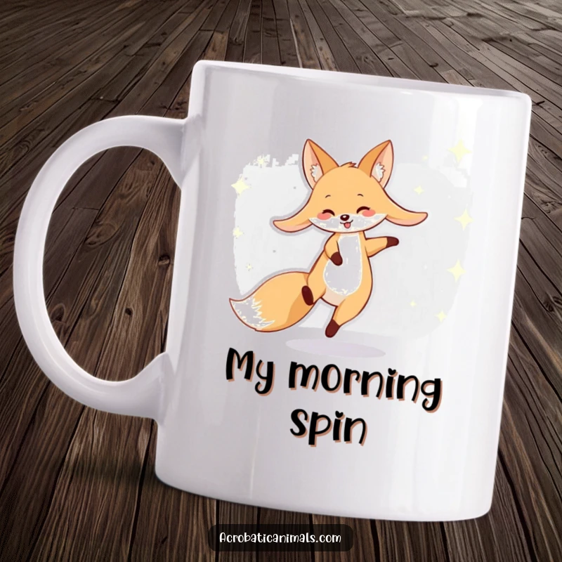 Funny fox mug showing a smiling fox with long ears performing a cartwheel against a background of stars.