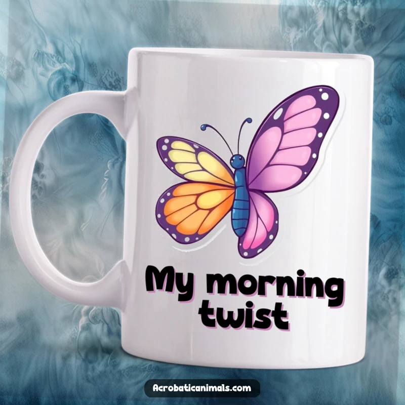 Funny butterfly mug showing a vibrant butterfly performing a graceful aerial twist, capturing delicate movement and joy.
