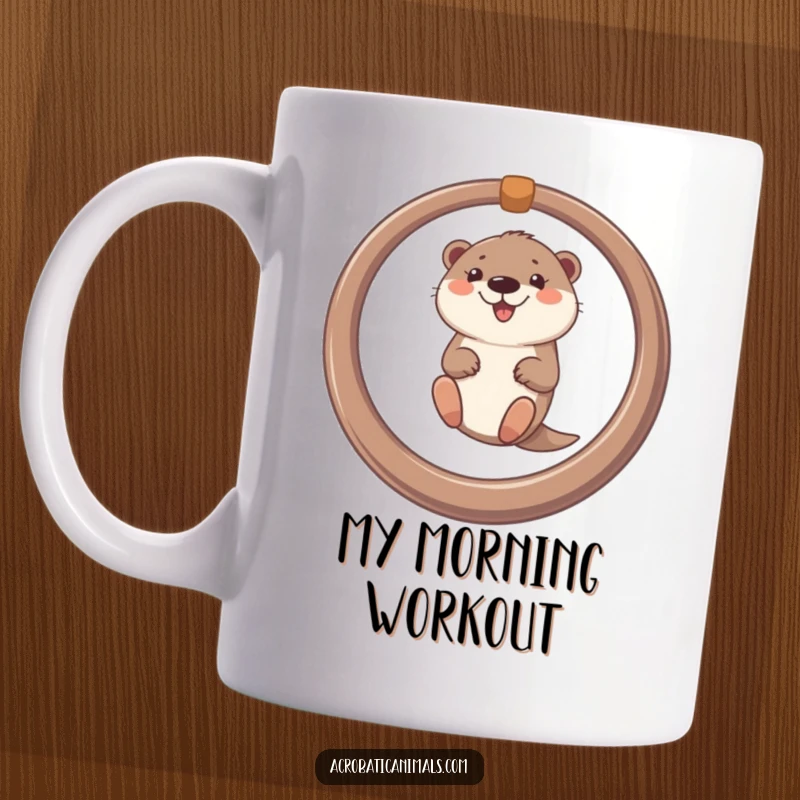 Funny mug featuring a smiling otter joyfully swinging from a ring, embodying pure, unadulterated fun and playfulness.