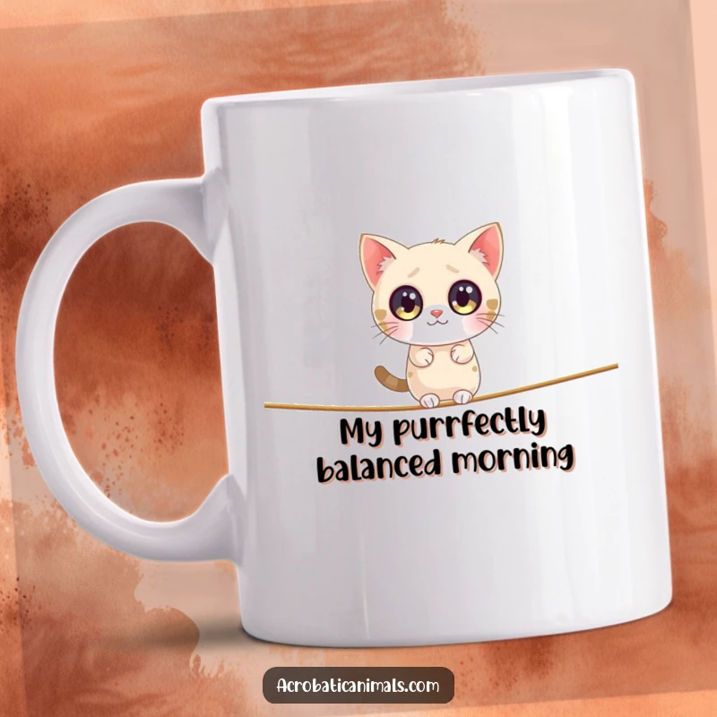 Funny cat mug showing a round cat with big eyes carefully balancing on a thin tightrope, perfect for a laugh.