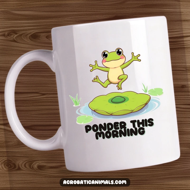 Funny mug featuring a leaping frog character energetically balancing on a rapidly spinning lily pad, showcasing athletic humor.
