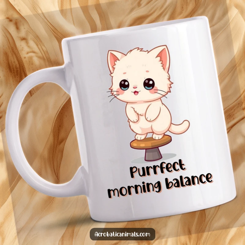 Funny Kitten Mug: A fluffy kitten happily balances on a spinning beam, showcasing playful agility and joy.