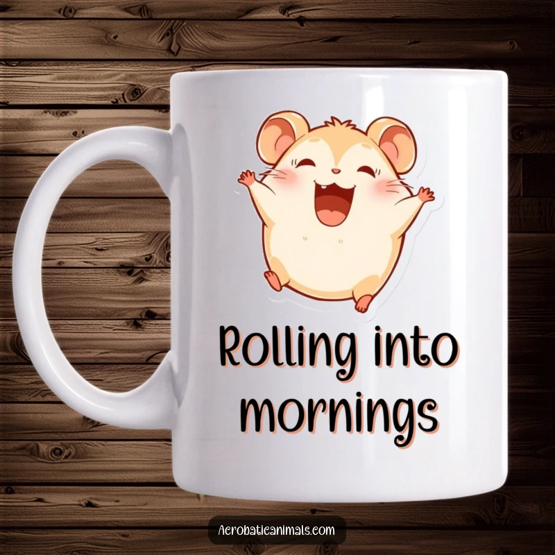 Funny Hamster Mug: A round hamster character somersaults with a big, joyful smile, radiating happiness.