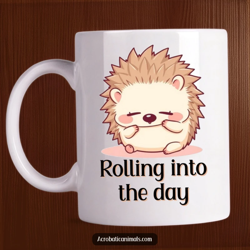 Funny hedgehog mug showing a small, fluffy hedgehog doing a forward roll with eyes closed in ultimate comfort.