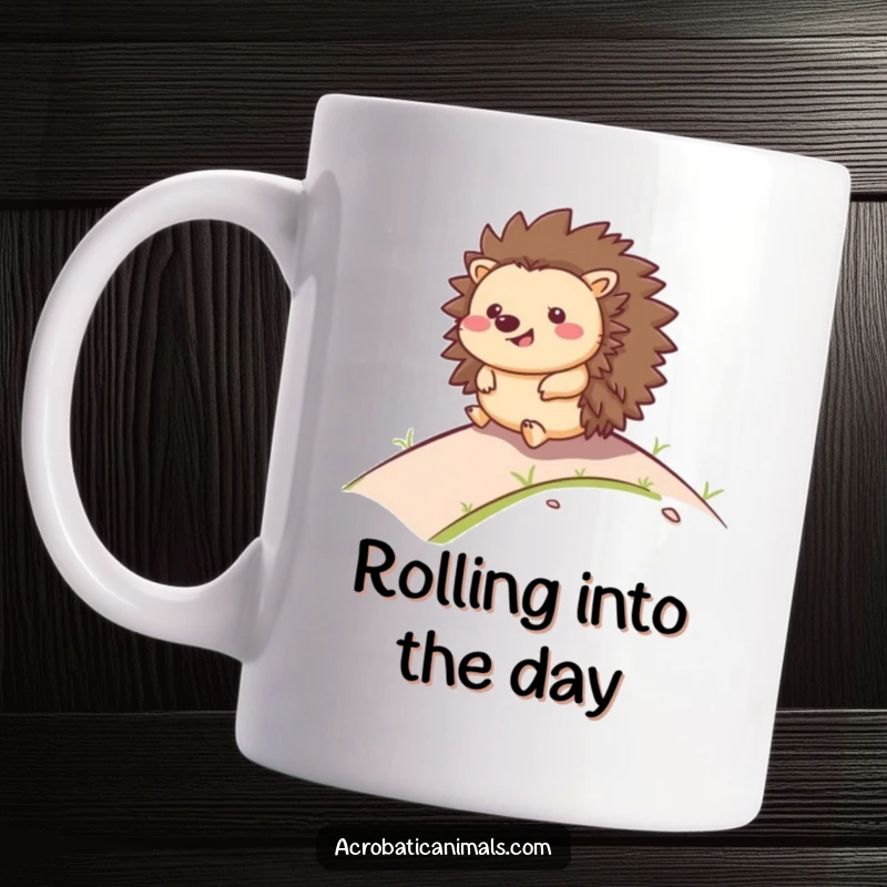Funny mug featuring a happy hedgehog joyfully rolling down a grassy hill with a big smile, embodying pure delight.