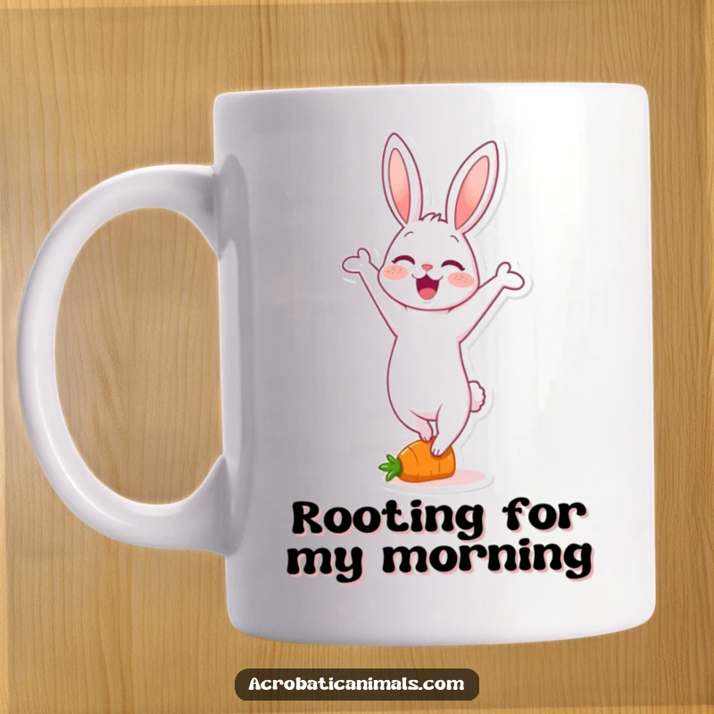 Funny mug with a delighted rabbit character performing a handstand on a tiny carrot, showcasing impressive balance and a joyful expression.