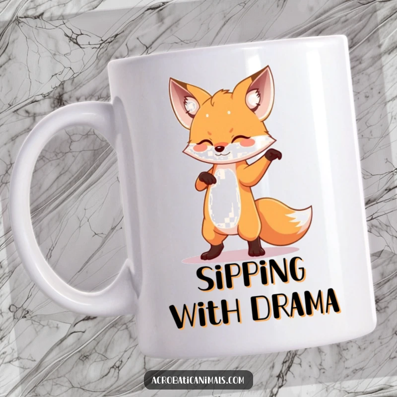 Funny image of a small fox striking a highly dramatic and sassy dance pose, perfect for a mug.