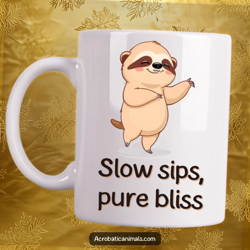 Funny sloth ballet mug, showing a contented sloth in a graceful, slow ballet pose. A humorous gift for relaxation enthusiasts.