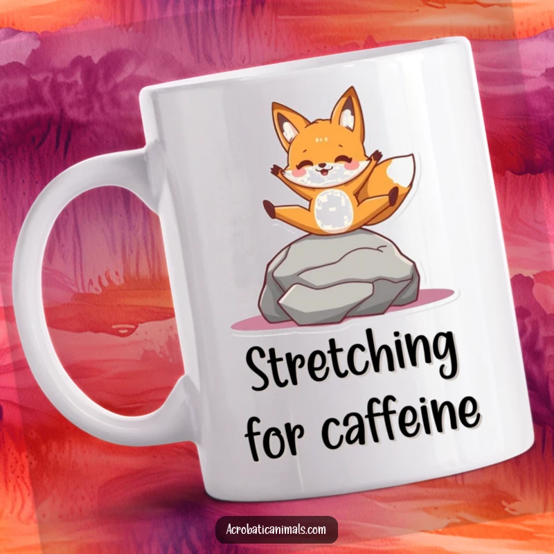 Funny mug depicting a cheerful fox character in a perfect split on a rock, showcasing impressive balance and a sly grin.