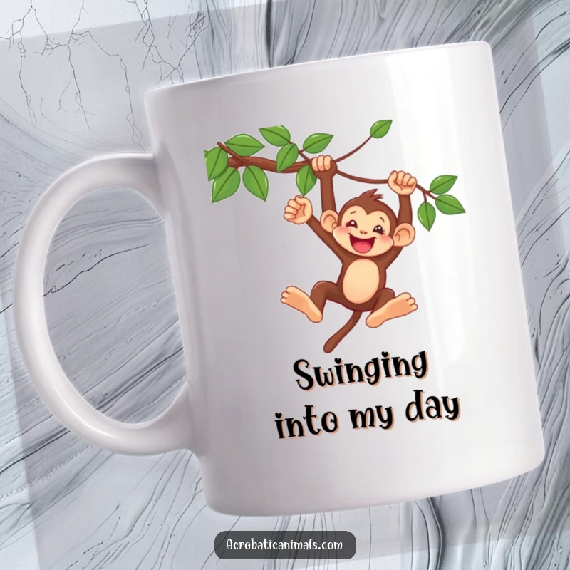 Funny Monkey Vine Swing Mug featuring a delighted monkey swinging effortlessly from a vine, radiating pure joy and adventurous energy.