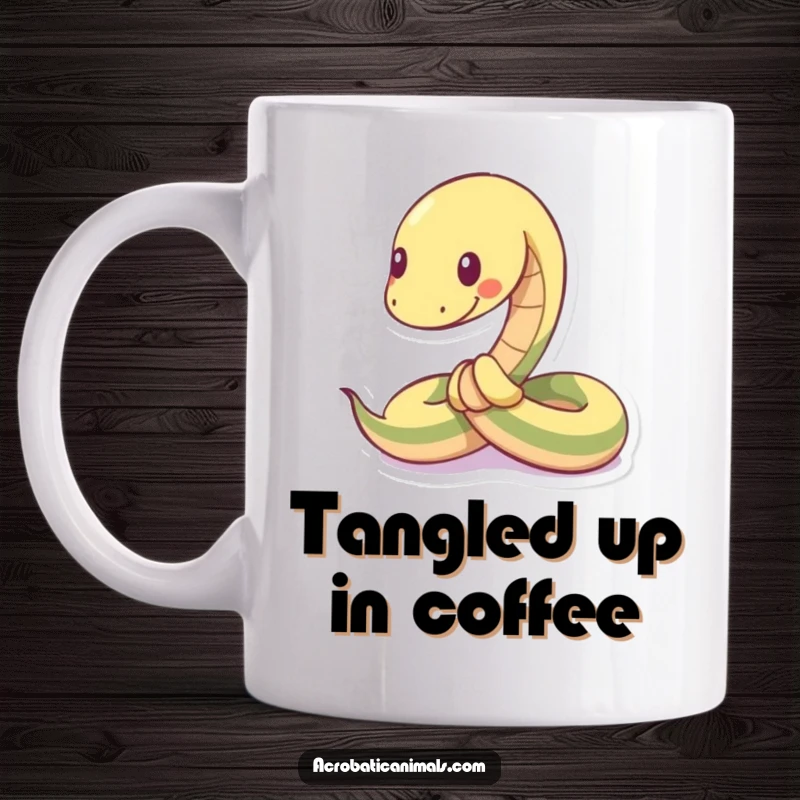 Funny flexible snake mug showing a playful snake character tied into a neat, amusing knot.