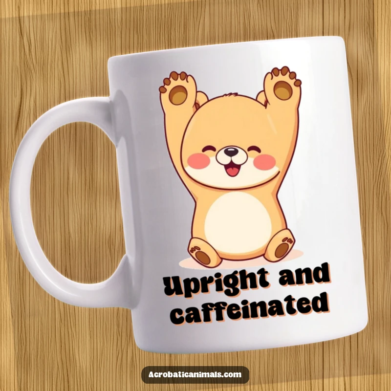 Funny bear mug showing a happy, muscular bear performing a perfect handstand with paws reaching skyward, symbolizing strength and humor.