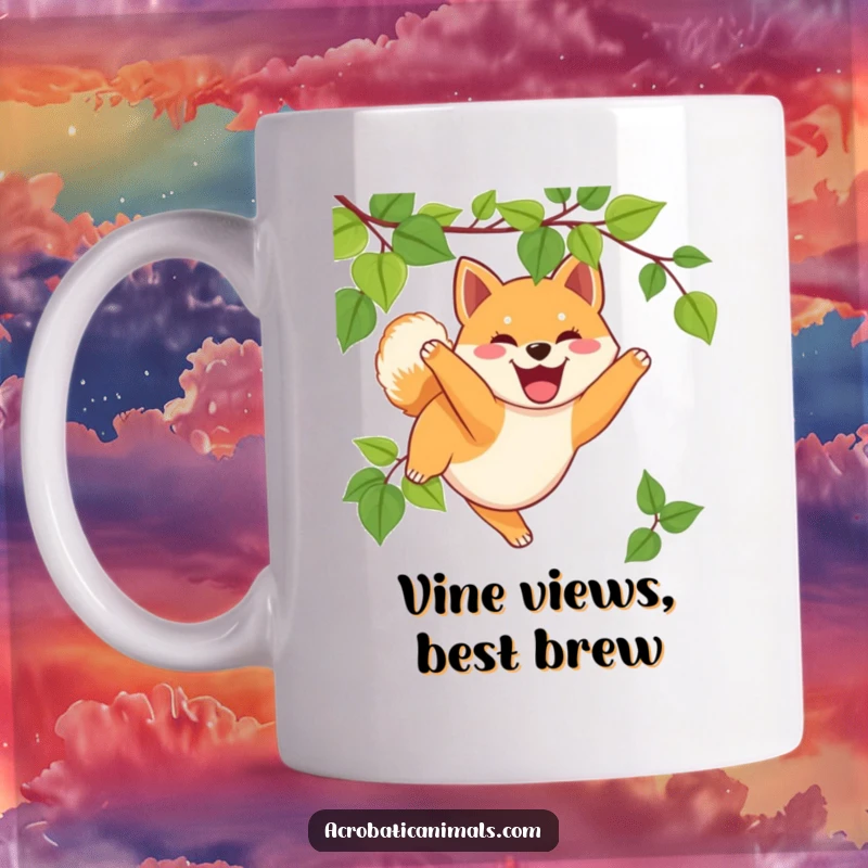 Funny Shiba Inu puppy mug with a happy expression, playfully swinging from a green vine, perfect gift for dog lovers.