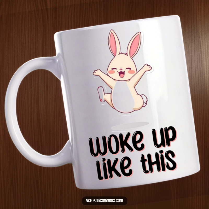 Funny image of a cheerful bunny doing a perfect cartwheel, radiating joy and energy, printed on a mug.