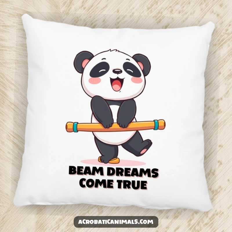Funny panda bear pillow with a giggling bear balancing on a colorful exercise beam, perfect for comfort and humor, an ideal funny gift.