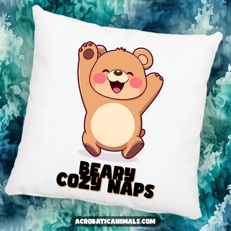 Funny Bear Somersault Pillow: A plush cushion showcasing a happy bear somersaulting with a wide smile, offering comfort and a humorous visual.