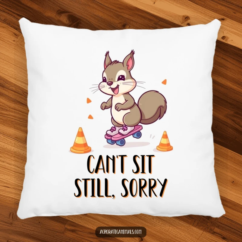 Funny pillow featuring a hyperactive squirrel on roller skates, weaving around cones, designed for comfort and comedic effect.