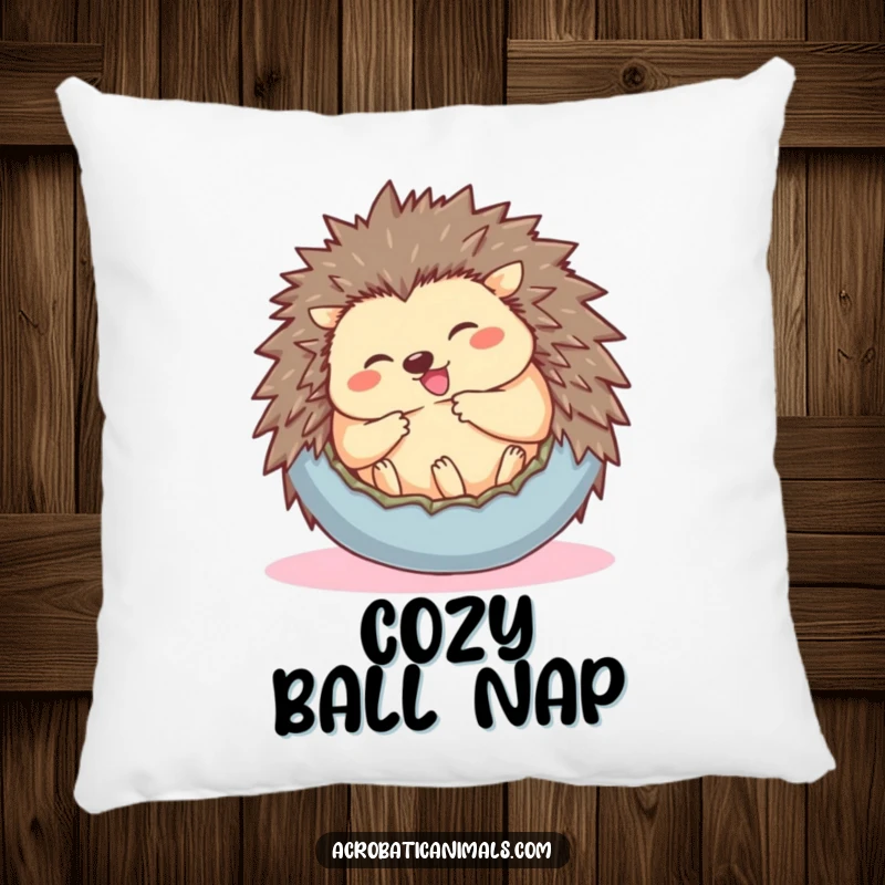Funny pillow featuring a giggling hedgehog rolling into a ball, offering comfort and a dose of adorable humor.