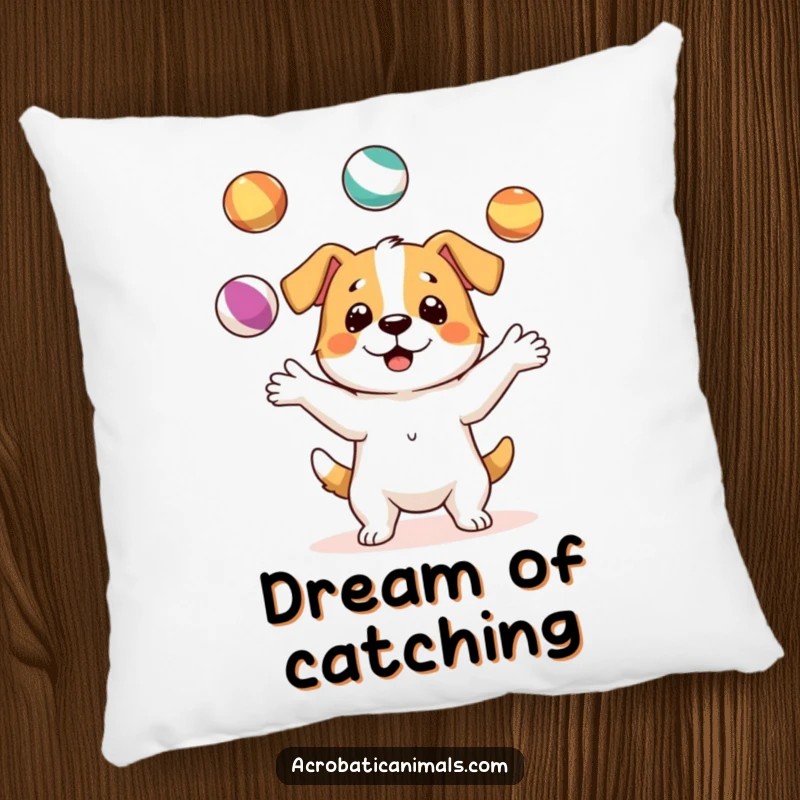 Funny pillow featuring a skillful dog character juggling three colorful balls, offering soft and humorous comfort for relaxation.