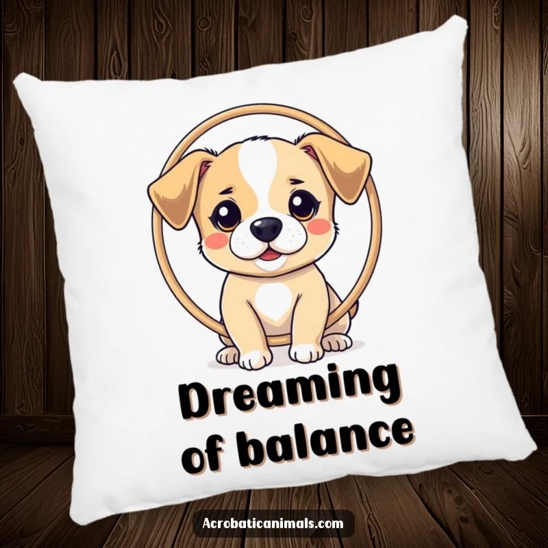 Funny pillow with a small dog balancing a hoop on its nose, adding a soft, cute, and humorous touch to any space.