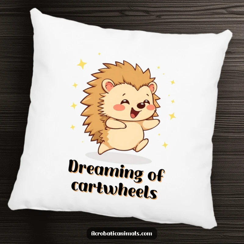 Funny hedgehog cartwheel pillow featuring a joyful, cartwheeling hedgehog surrounded by shimmering sparkles. Soft and humorous home accent.