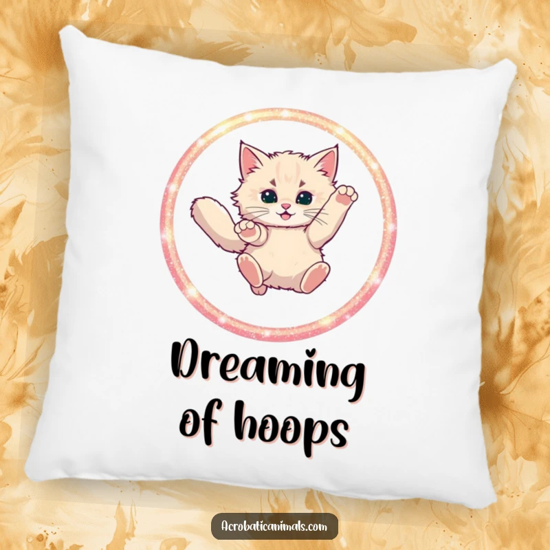Soft, decorative funny pillow with a fluffy cat leaping through a glittering hoop, bringing playful energy to any room.