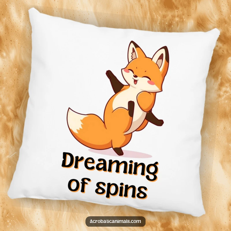 Funny Fox Cartwheel Pillow: A plush cushion showcasing a playful fox executing a cartwheel, offering comfort and a humorous visual.
