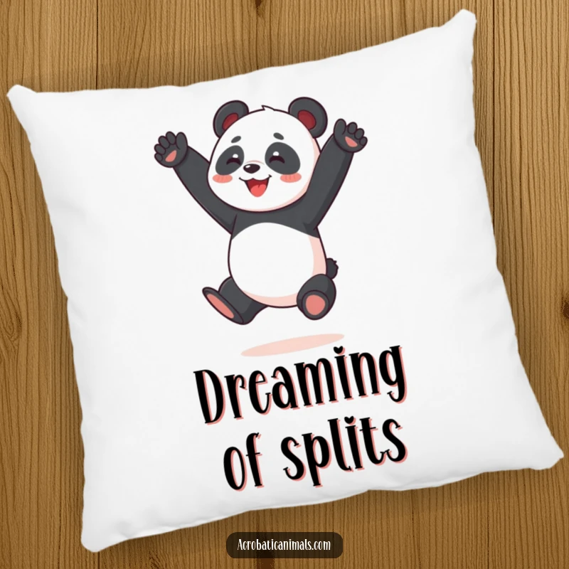Funny Panda Acrobat Pillow: A plush cushion showcasing a joyful panda in a perfect split jump, offering comfort and a humorous visual.