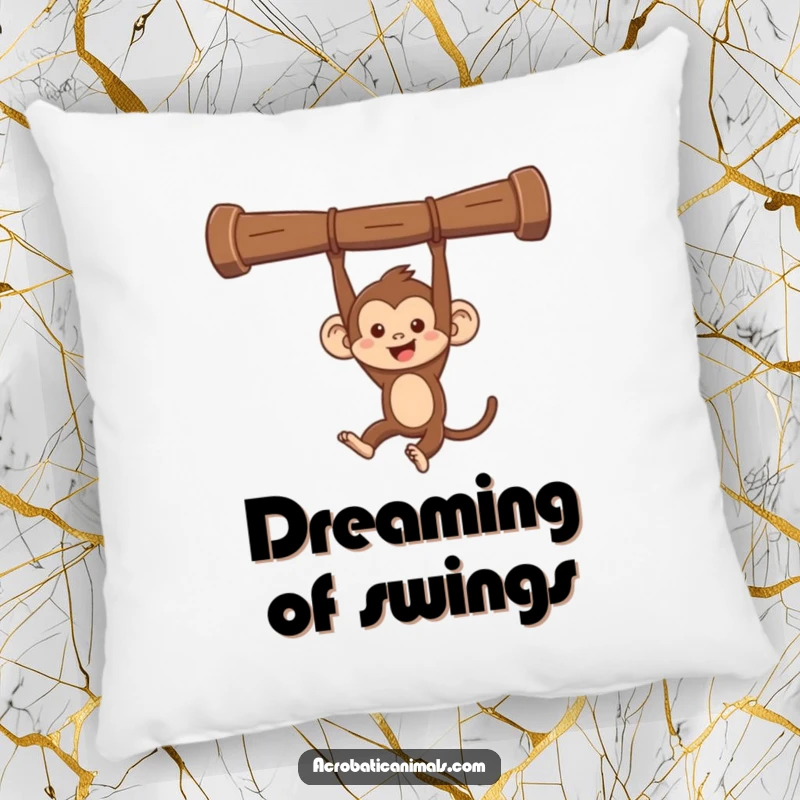Funny monkey swinging pillow, depicting a mischievous monkey swinging from a bar. Soft, comfortable, and humorous home accessory, excellent gift.