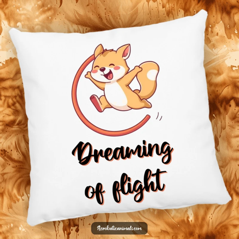 Funny pillow with a cheerful animal mid-air, executing a dynamic hoop jump with hilarious and joyful abandon for ultimate comfort.