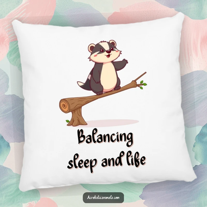 Funny badger pillow featuring a balancing act on a log, perfect for adding comfort and a dose of steady humor, a delightful funny gift.