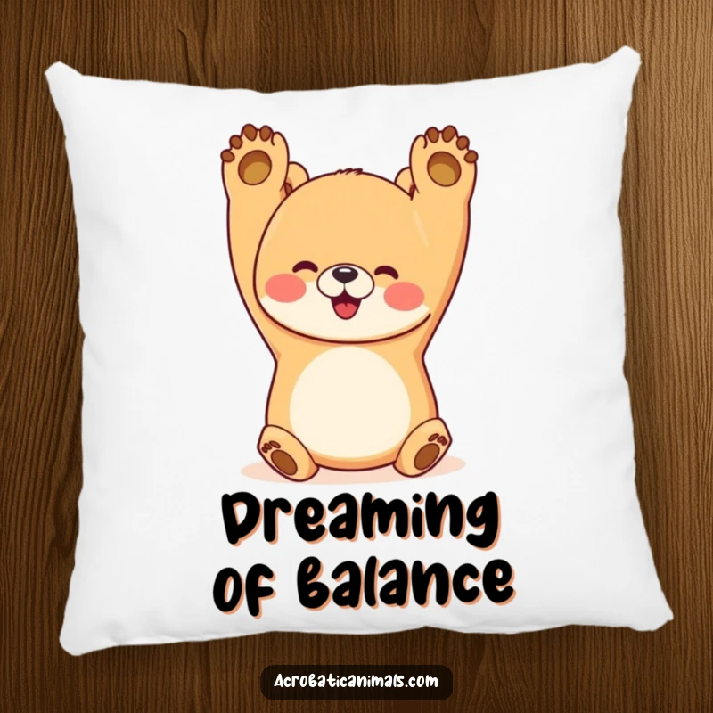 Funny bear pillow showing a happy bear performing a perfect handstand with paws up, offering comfort and humorous charm.