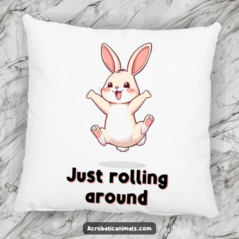 Funny pillow featuring a bouncy bunny performing a perfect somersault, designed for comfort and happy vibes.
