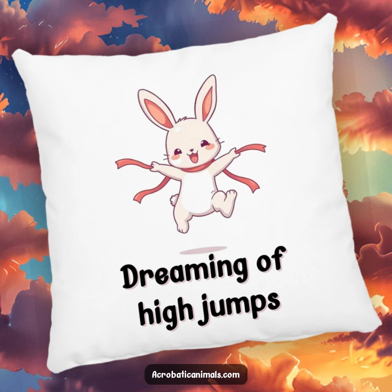 Funny Bunny Pillow: A cute bunny character is doing a graceful high jump with a ribbon, adding comfort and humor.
