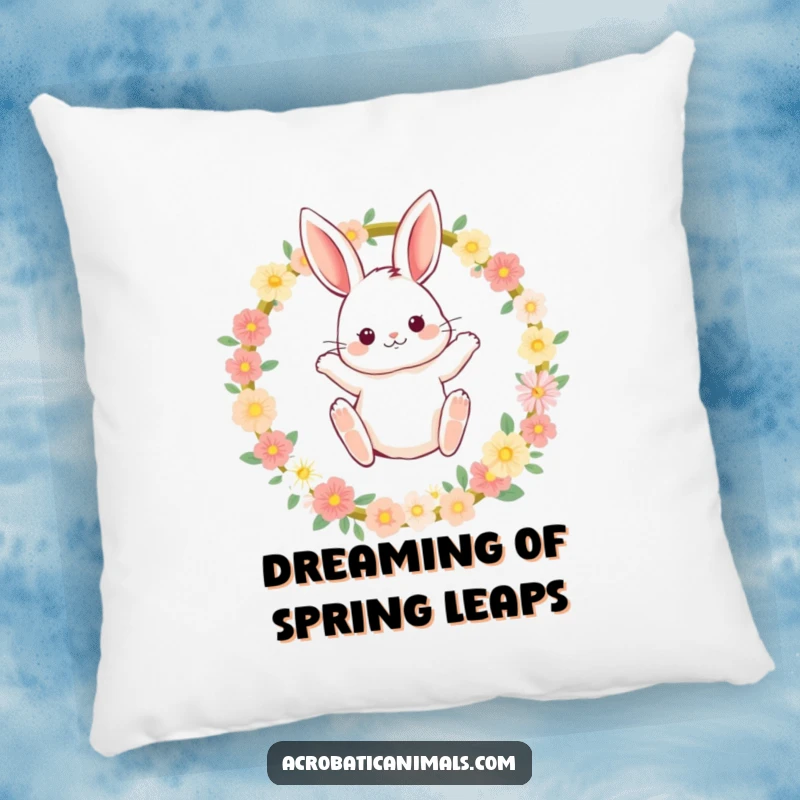Funny bunny pillow showing a fluffy rabbit leaping through a flower hoop, adding a touch of humor and charm.