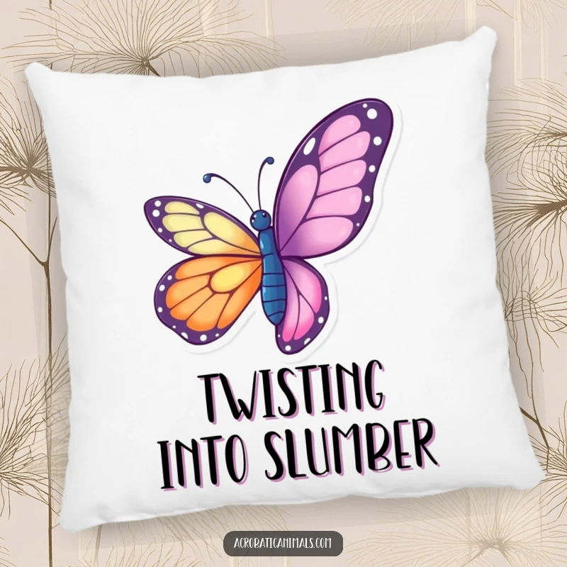 Funny butterfly pillow featuring a vibrant butterfly doing a graceful aerial twist, providing a soft and elegant decorative touch.