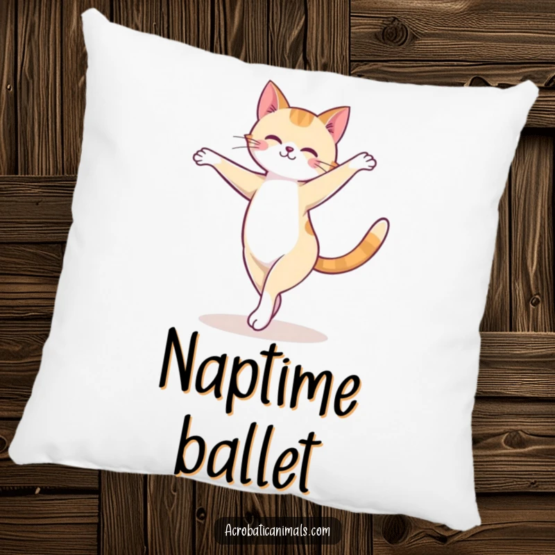 Funny cat pillow showing a cute feline performing a graceful arabesque turn on a balance beam, a humorous and charming decor piece.