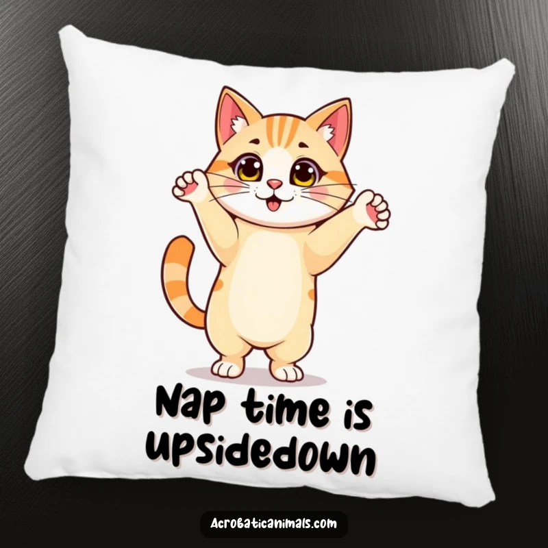 Funny pillow featuring a proud cat in a handstand pose, offering comfort and a dose of feline humor. Great gift.