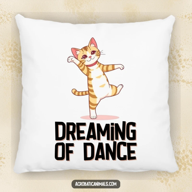 Funny pillow with a striped cat performing a graceful pirouette, adding a soft, elegant, and humorous touch to any room.
