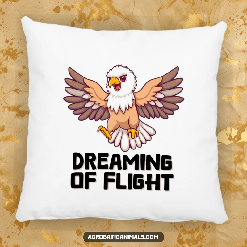 Funny eagle pillow showing a proud bird soaring with outstretched wings in a loop, offering comfort and patriotic humor.