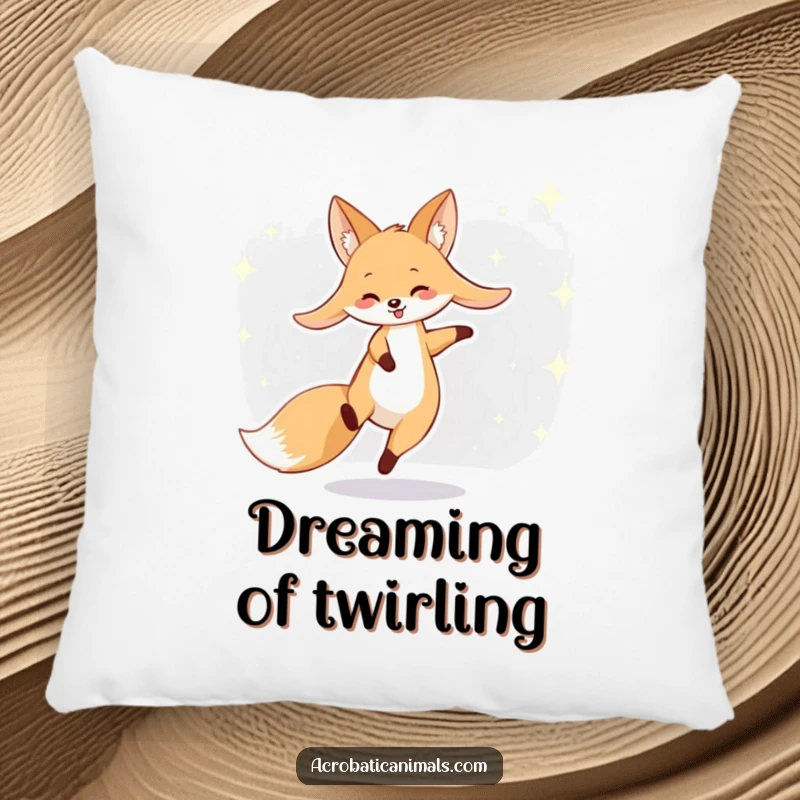 Funny fox pillow showing a smiling fox cartwheeling across a starry background, adding comfort and humor to any space.
