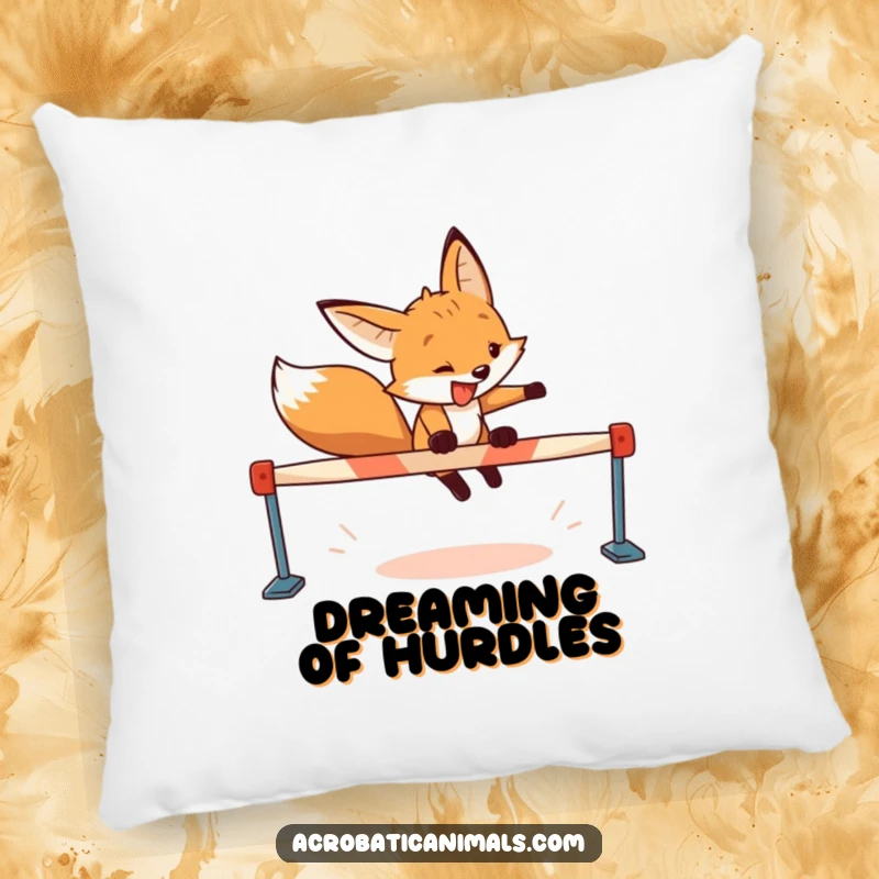 Funny fox pillow featuring a determined fox with a wide grin leaping over a hurdle, providing a soft and humorous touch.