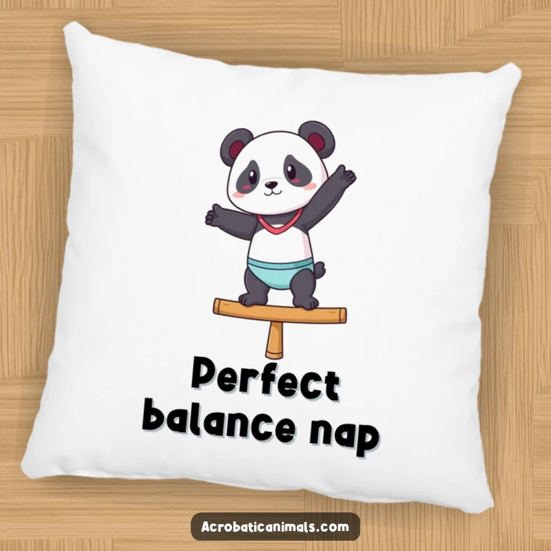 Funny pillow featuring a panda striking a gymnast pose on a balance beam, perfect for cozy, humorous decor.